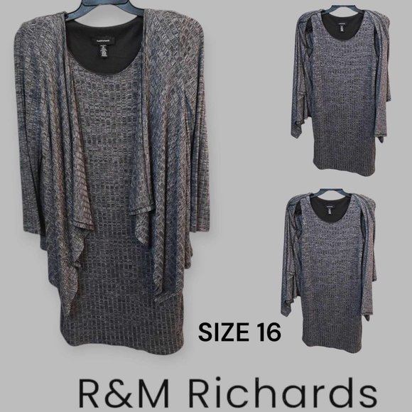 R & M Richards Womens Gray Rib Knit Jacket Dress with Attached Open Front 16 - Picture 1 of 16